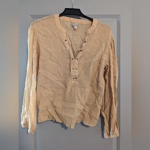 Tan Lace Up Linen Peasant Top